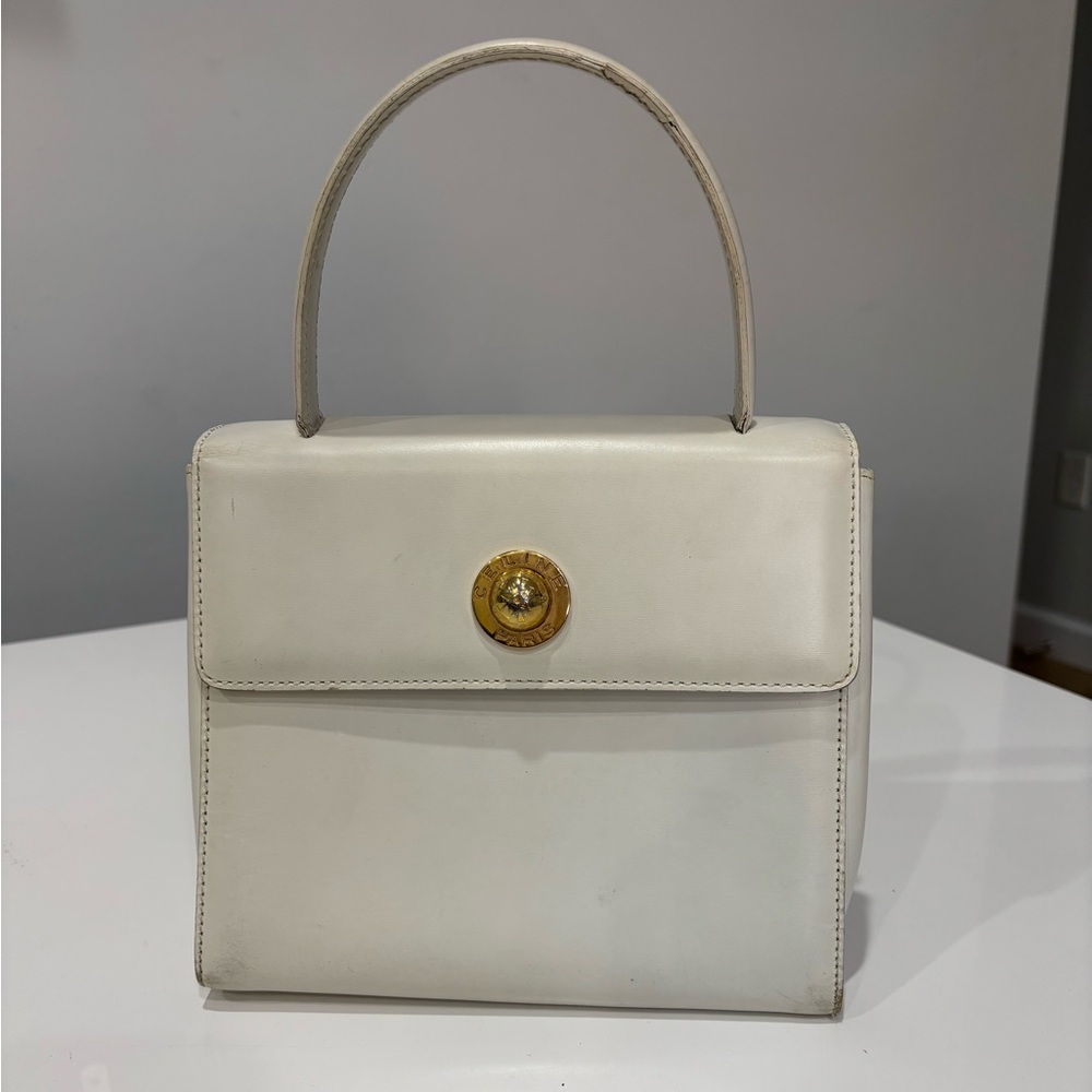 Vintage Céline Paris White Leather Structured Top Handle Bag Gold Medallion Real